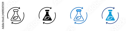 Eco Chemistry Multiple Style Icon Design Vector - Eco-friendly lab flask with leaf symbol and circular arrows representing sustainable chemical processes