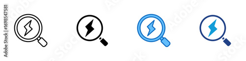 Energy Audit Multiple Style Icon Design Vector - Magnifying glass with a lightning symbol, representing analysis and optimization of energy usage