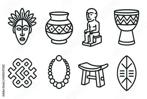 Traditional african symbols and artifacts featuring masks, drums, and pots
