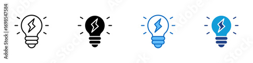 Eco Lightbulb Multiple Style Icon Design Vector - glowing lightbulb with a lightning symbol, representing eco friendly energy and sustainable innovation