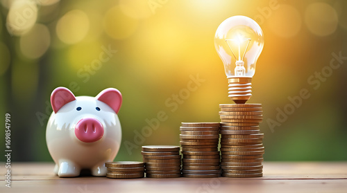 Piggy bank and increasing stacks of coins topped with a lit light bulb against a blurred sunny outdoor background