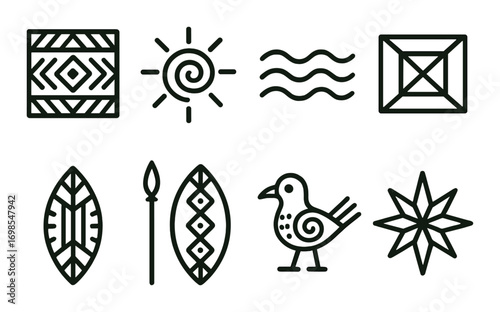 Abstract tribal art symbols collection on olive green background