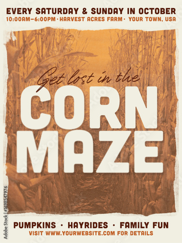 Fall corn maze poster template with rustic farm design, autumn festival flyer promoting pumpkins, hayrides, and family fun, seasonal agriculture event marketing for October weekends at the farm