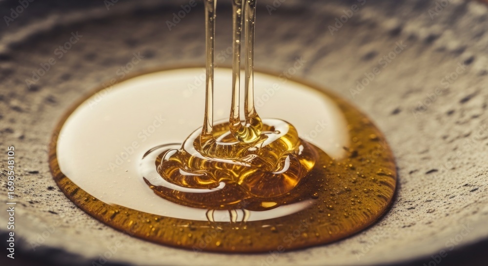 Fototapeta premium Honey drips, flowing and pooling, creating a golden center in a textured bowl.