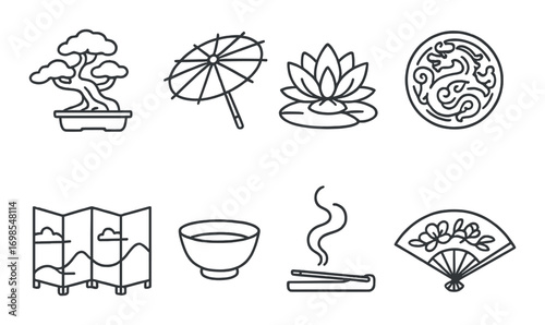 Japanese cultural icons: bonsai, parasol, lotus, dragon, screen, tea bowl, incense, fan