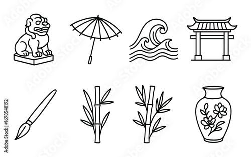Traditional asian symbols: lion, umbrella, wave, pagoda, brush, bamboo, vase
