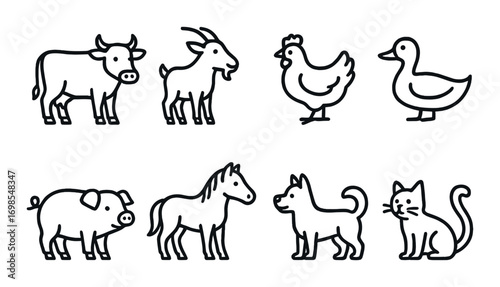 Simple farm animal icons: cow, goat, chicken, duck, pig, horse, dog, cat silhouettes