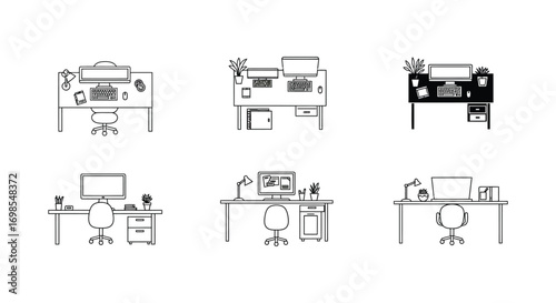 various office setups with desks computers and accessories