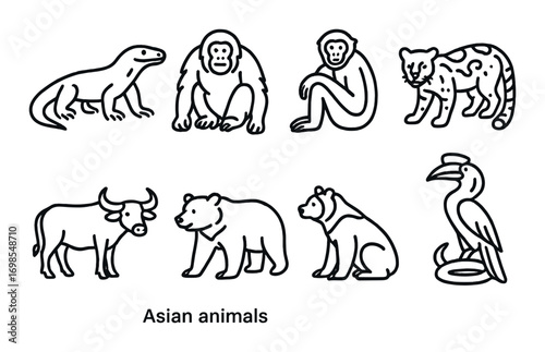 Outline of diverse asian animals featuring reptile, monkey, feline, and bird