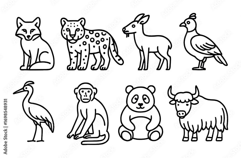 Obraz premium Outlined animal illustrations featuring fox, leopard, goat, bird, heron, monkey, panda, and bull