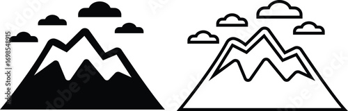 Volcano eruption flat, line icon set. Depicting eruption with smoke cloud, ash for education resources. Natural disaster symbol of mountain, lava, explosion, earth science, environment hazard vectors.