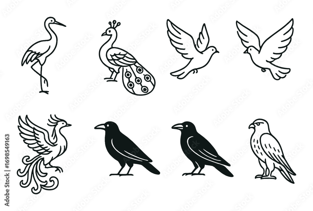 Fototapeta premium Elegant line drawings of various birds including crane, peacock, and phoenix