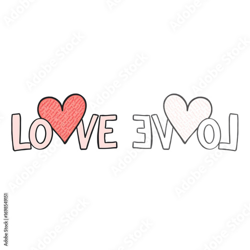 Creative freehand doodle of the word LOVE with a textured heart symbol and its mirror image reflection, perfect for romantic greeting cards and Valentine's Day designs