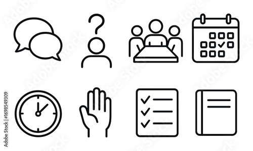 Icons representing communication, team meeting, calendar, and checklist