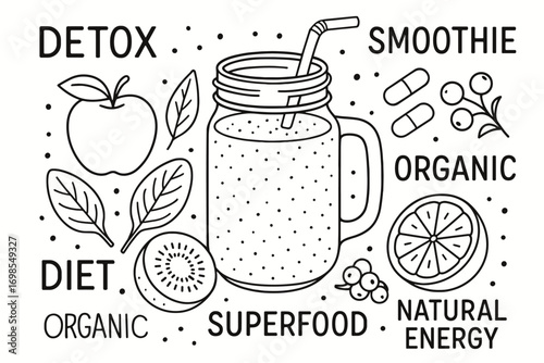 Detox Smoothie and Superfood Icons – Line Art Healthy Eating Concept