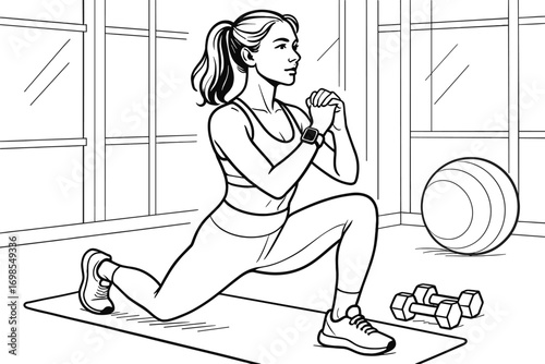 Fitness Woman Doing Lunge Exercise in Gym – Line Art Illustration