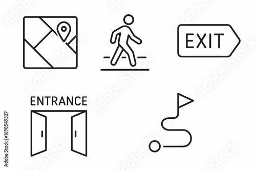 Wayfinding and Navigation Line Icons – Map, Exit, Route, Entrance