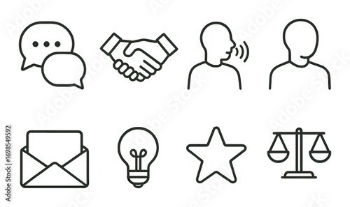 Black icons on gradient background: communication, business, and innovation symbols