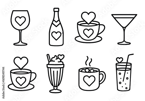 Outline icons of drinks with heart motifs: wine, coffee, milkshake, juice, cocktail