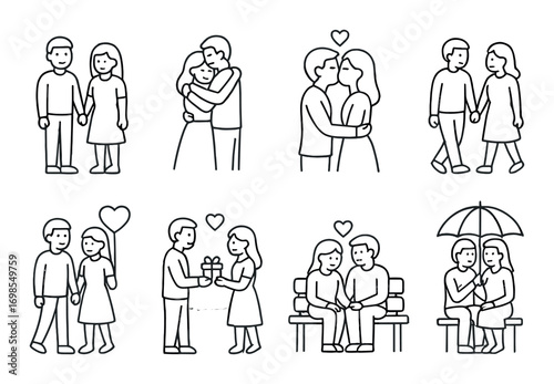 Romantic couple moments: love, hugs, kisses, gifts, umbrella, balloons