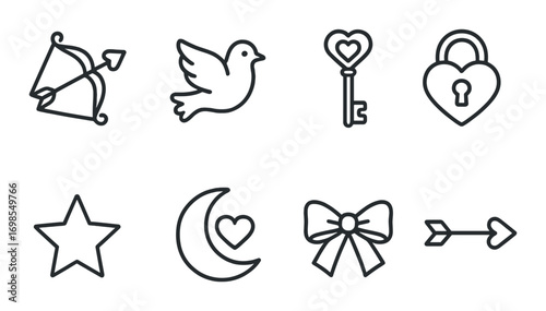 Romantic symbol set: arrow, dove, key, lock, star, moon, bow, heart