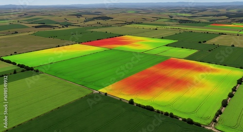 Advanced agricultural technology showcasing a data visualization NDVI heat map over lush green fields for smart crop management and yield analysis
