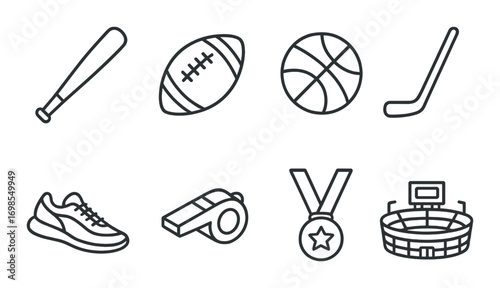 Icons of popular sports equipment including ball, bat, shoe, whistle, and medal