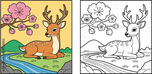 Cute Cartoon Deer with Cherry Blossom and River - A Charming Springtime Nature Scene for Children's Books and Designs