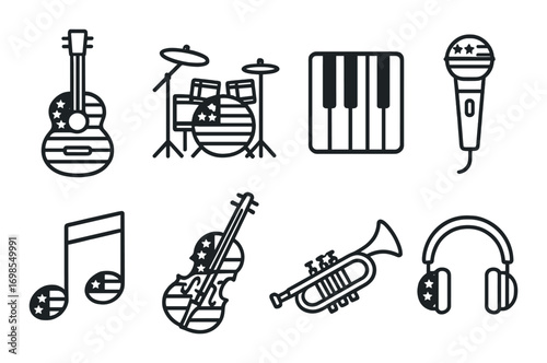 Monochrome musical instruments with american flag design
