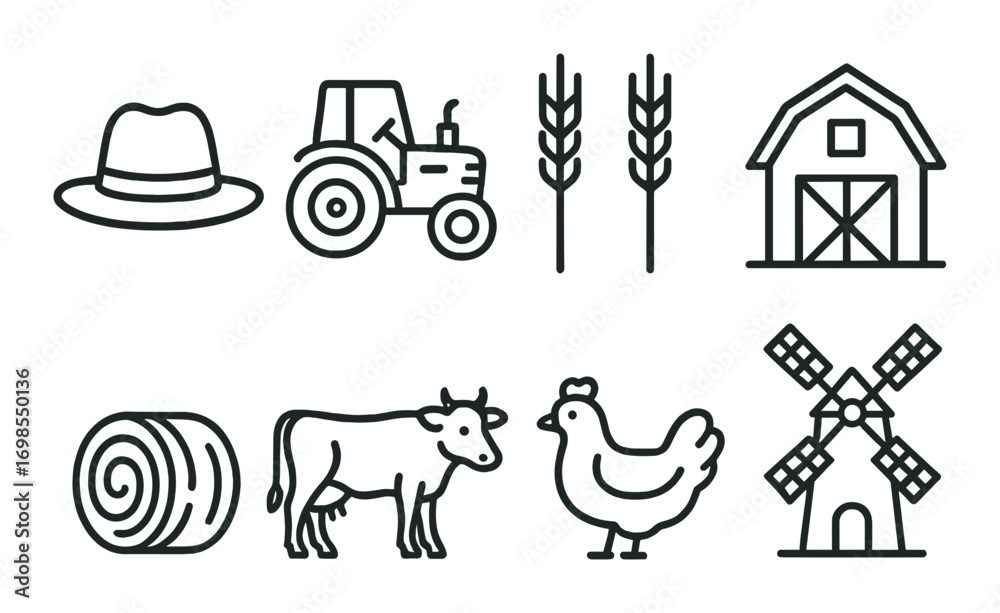 Naklejka premium Farm elements: hat, tractor, wheat, barn, hay, cow, chicken, windmill icons