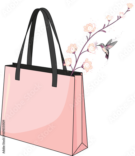 Pink Shopping Bag with Flowers and Hummingbird in Elegant Decorative Style
