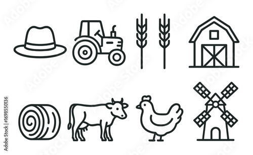 Farm elements: hat, tractor, wheat, barn, hay, cow, chicken, windmill icons