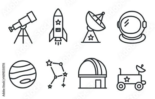 Space icons set: telescope, rocket, satellite, helmet, planet, constellation, observatory, rover