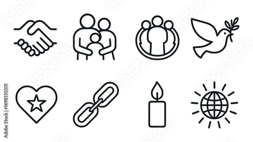 Black and white peace icons: handshake, family, unity, dove, heart, link, candle, globe