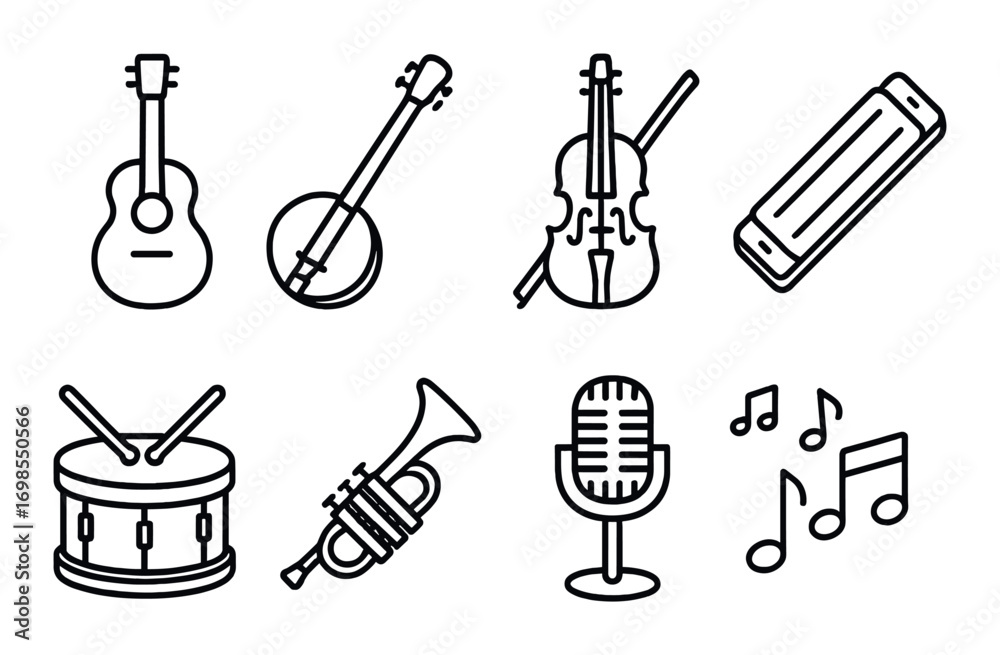 Fototapeta premium Musical instrument icons with guitar, banjo, violin, harmonica, drum, trumpet, microphone, notes