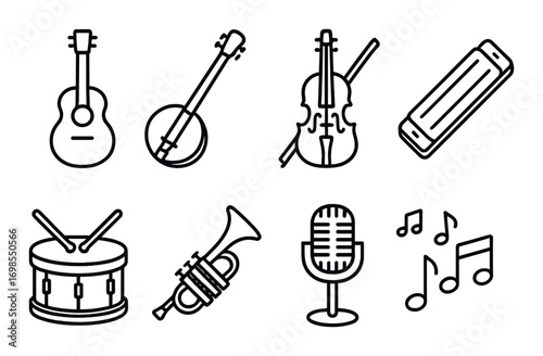 Musical instrument icons with guitar, banjo, violin, harmonica, drum, trumpet, microphone, notes