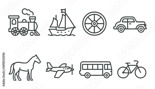 Icons of transportation: train, ship, wheel, car, horse, plane, bus, bicycle