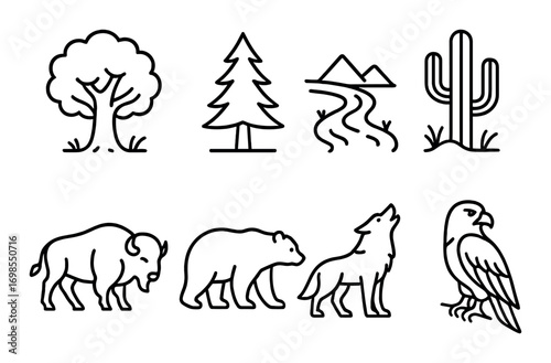 Minimalist wilderness icons featuring trees, river, cactus, bison, bear, wolf, eagle