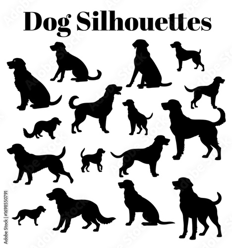 Collection of dog silhouettes in various poses, vector illustration. AI