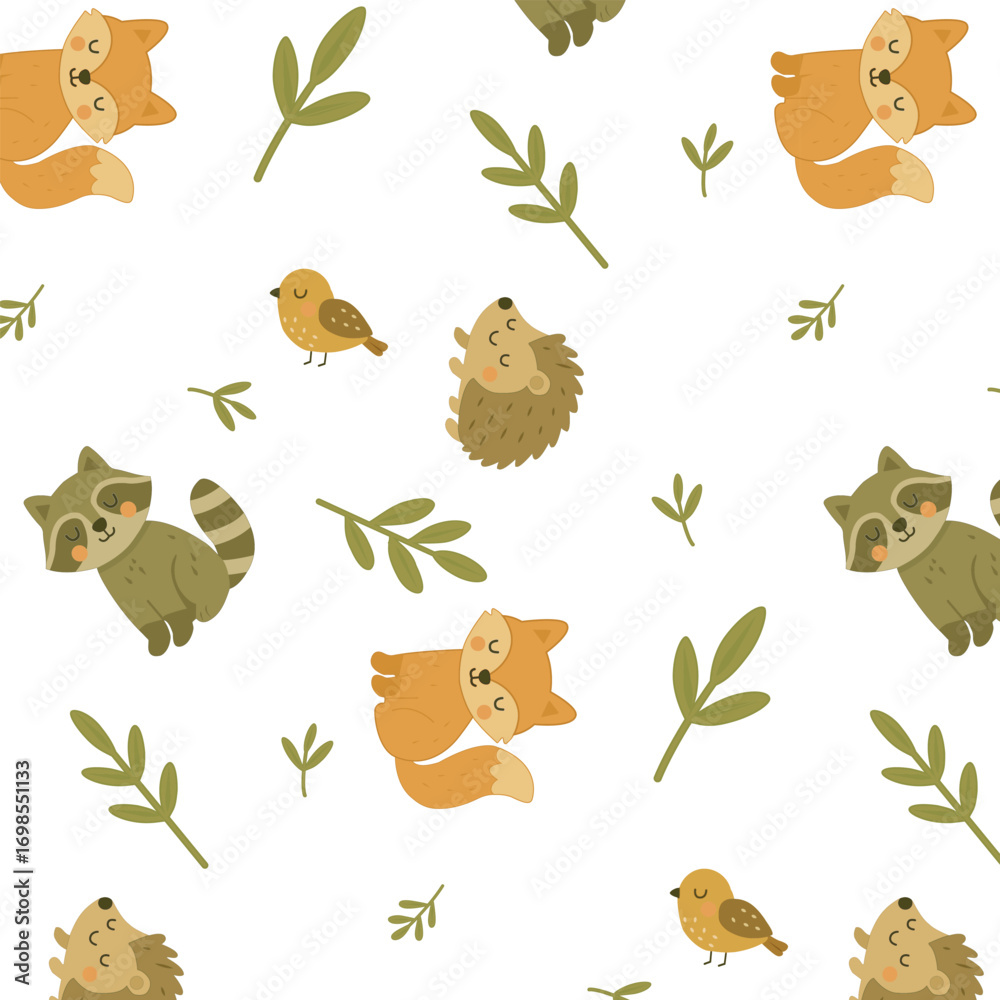 Obraz premium Pattern forest cute animals and branches of greenery isolated on white background