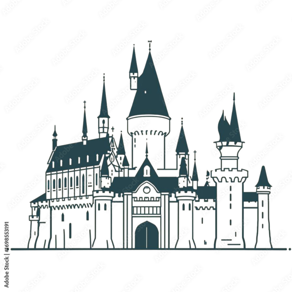 Obraz premium Enchanting medieval castle silhouette with dramatic spires and intricate details. Evokes fantasy, history, and timeless wonder. Ideal for projects needing a touch of magic and grandeur.