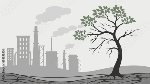 Polluted Cityscape with One Green Tree – Vector Illustration of Technology Side Effects on Nature