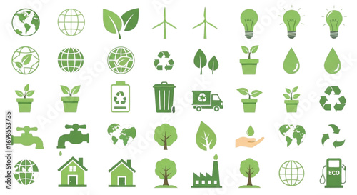 Green eco-friendly icons set. Sustainable energy, recycling, nature, and environmental conservation flat vector graphics.