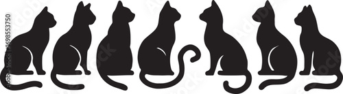 Black Cat Silhouettes Sitting in Row Feline Icons