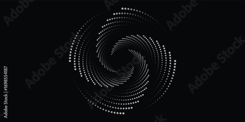 Modern abstract background. Halftone dots in circle form. Spiral logo, icon or design element. Black dots on a white background and white dots on the black side.