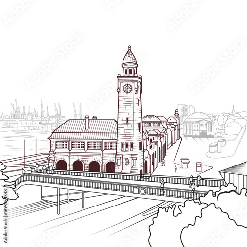 Line art vector illustration of St. Pauli Landing in Hamburg, Germany