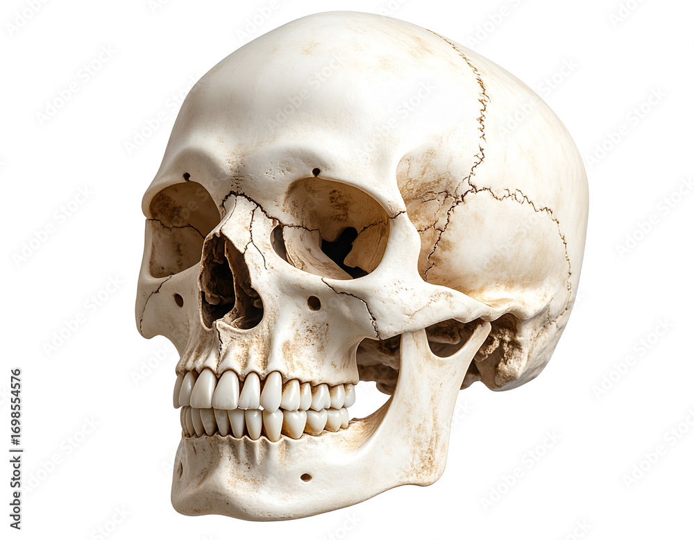 Obraz premium Human Skull with Cracked Forehead and Hollow Eyes, Front View, isolated PNG