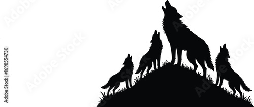 Wolf pack silhouette howling together on hill, wild animal, nature wildlife, forest predator, teamwork, wilderness scene, majestic creatures, vector illustration, outdoor nature