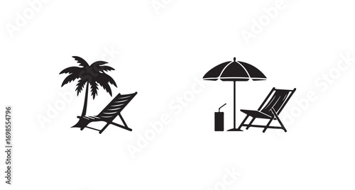 Summer time beach holidays travel design elements, decoration Silhouettes, beach chair logo icon silhouette, vector illustration eps 10.