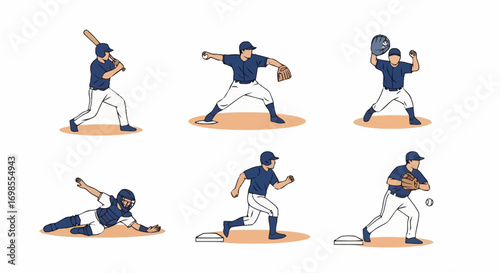 Baseball Player Action Set, Vector Illustration for Sports Training, Game Strategy, and Educational Resources on Baseball Fundamentals